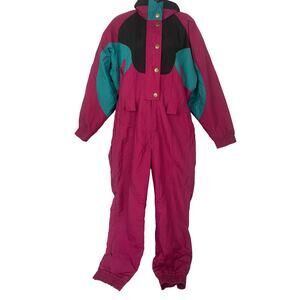 Vintage OSSI Skiwear Ski Suit Womens 14 Pink Teal Colorblock 90s Nylon 35x32 L